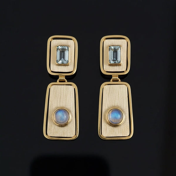 Vintage Moonstone Blue Topaz Earrings, 14K Gold Drops - Boylerpf