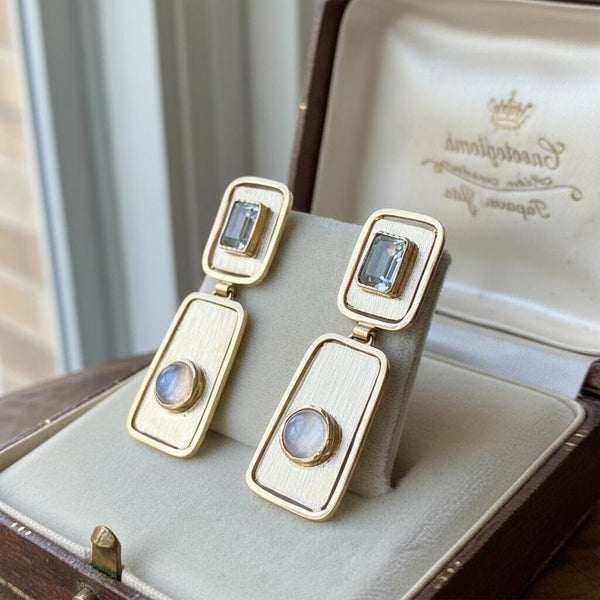 Vintage Moonstone Blue Topaz Earrings, 14K Gold Drops - Boylerpf