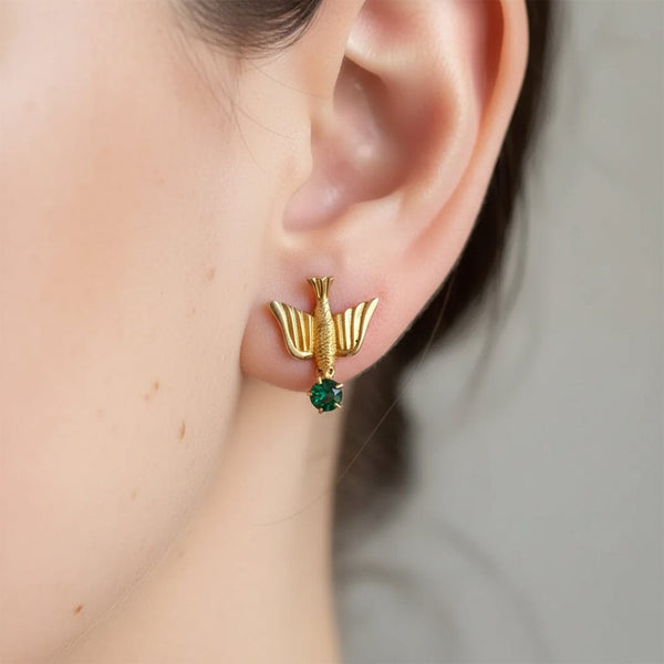 Vintage 1920s Swallow Earrings, 10K Gold Emerald Studs - Boylerpf