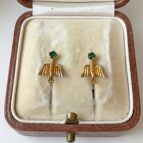 Vintage 1920s Swallow Earrings, 10K Gold Emerald Studs - Boylerpf
