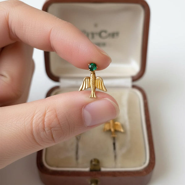 Vintage 1920s Swallow Earrings, 10K Gold Emerald Studs - Boylerpf