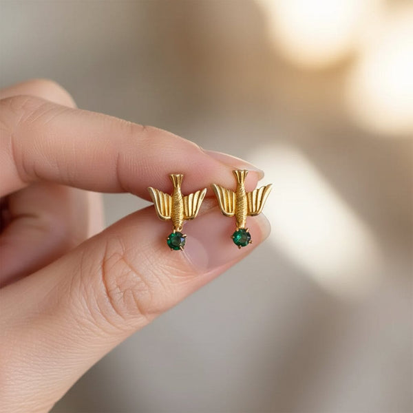 Vintage 1920s Swallow Earrings, 10K Gold Emerald Studs - Boylerpf