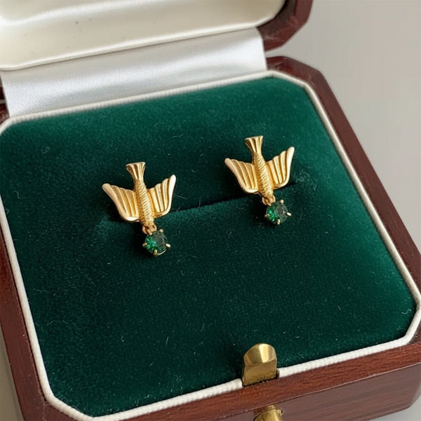 Vintage 1920s Swallow Earrings, 10K Gold Emerald Studs - Boylerpf
