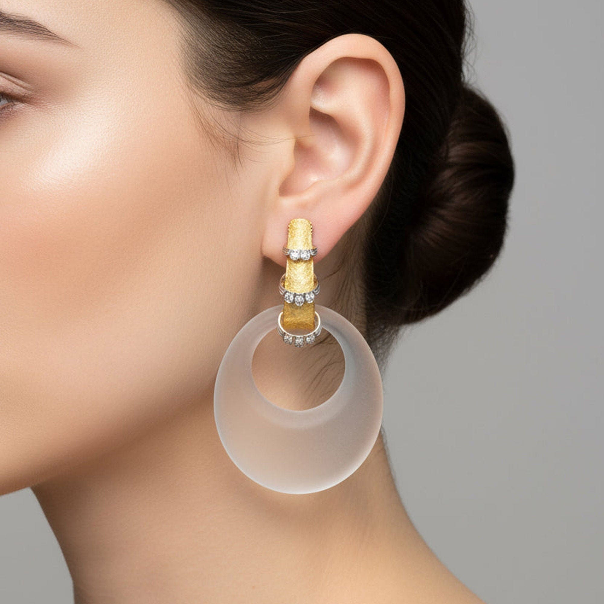 18K gold rock crystal and diamond day and night hoop earrings