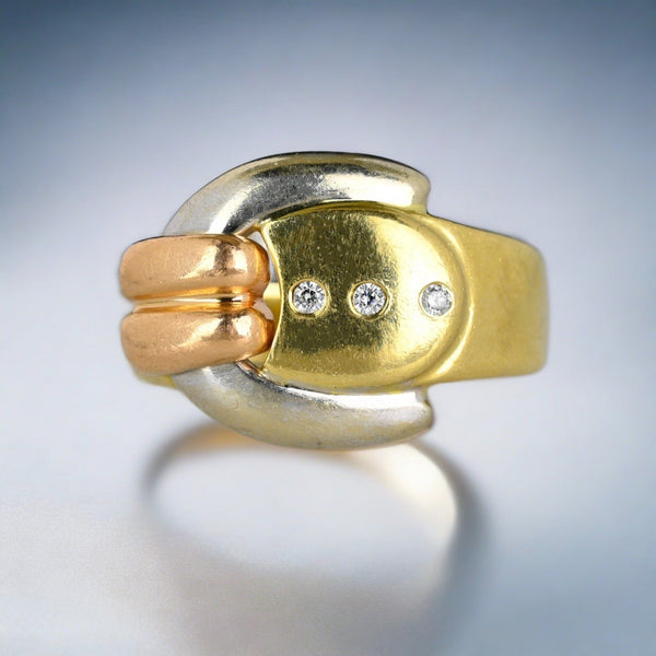 Vintage Retro Tricolor 14k Gold Diamond Buckle Ring Band - Boylerpf