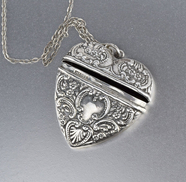 Art Nouveau Style Large Silver Repousse Heart Locket Necklace - Boylerpf