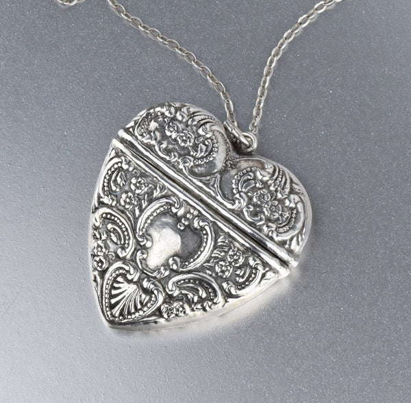 Art Nouveau Style Large Silver Repousse Heart Locket Necklace - Boylerpf