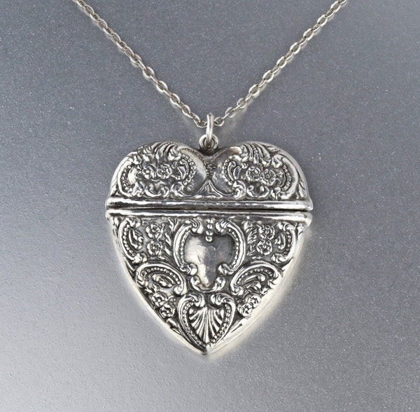 Art Nouveau Style Large Silver Repousse Heart Locket Necklace - Boylerpf