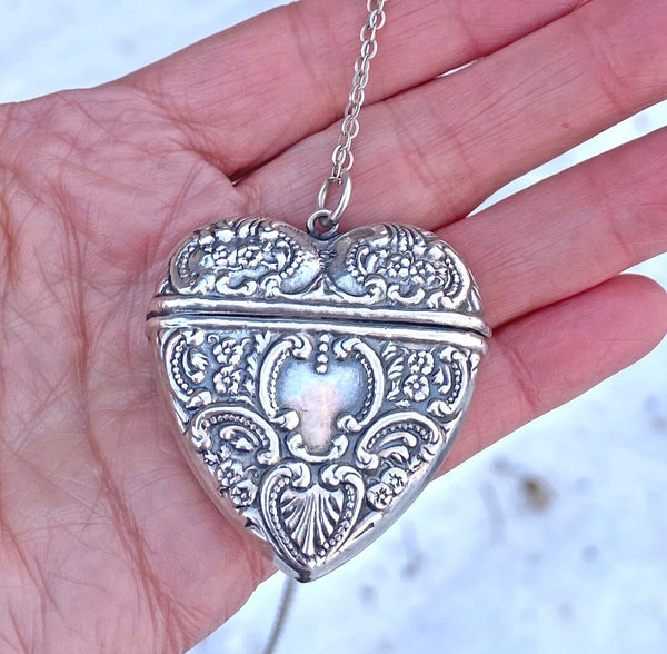 Art Nouveau Style Large Silver Repousse Heart Locket Necklace - Boylerpf