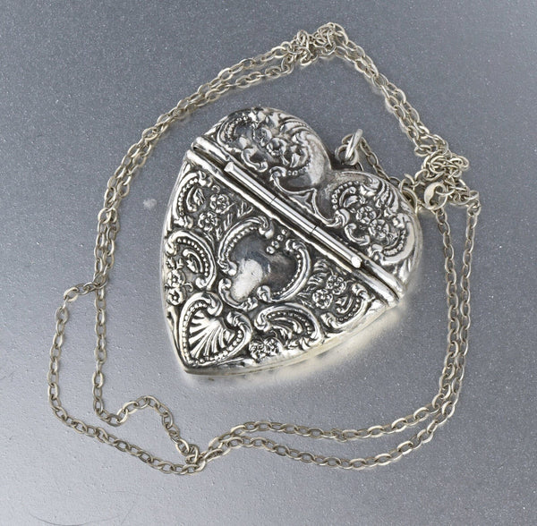 Art Nouveau Style Large Silver Repousse Heart Locket Necklace - Boylerpf