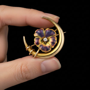 Antique 14K Gold Enamel Pansy Crescent Moon Diamond Brooch - Boylerpf