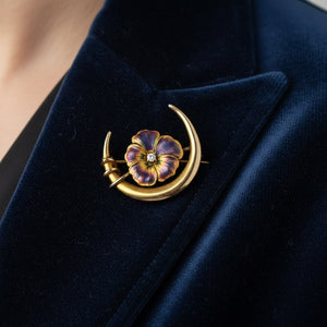 Antique 14K Gold Enamel Pansy Crescent Moon Diamond Brooch - Boylerpf