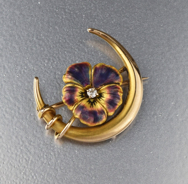Antique 14K Gold Enamel Pansy Crescent Moon Diamond Brooch - Boylerpf