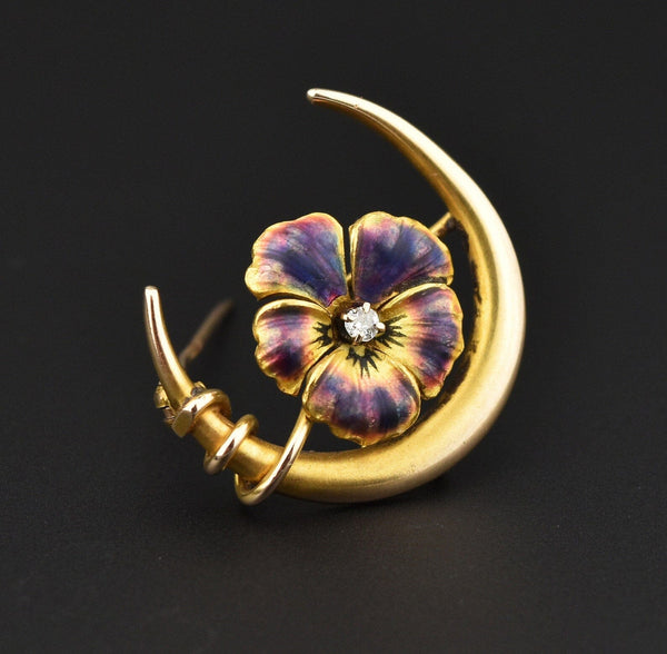 Art Nouveau 14K Gold Diamond Enamel Pansy Crescent Moon Brooch - Boylerpf