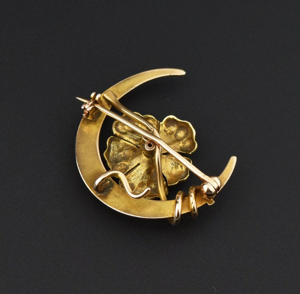 Art Nouveau 14K Gold Diamond Enamel Pansy Crescent Moon Brooch - Boylerpf