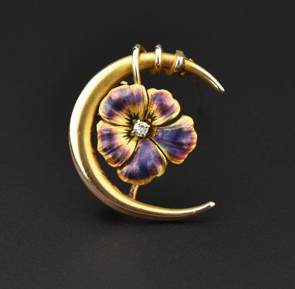 Art Nouveau 14K Gold Diamond Enamel Pansy Crescent Moon Brooch - Boylerpf