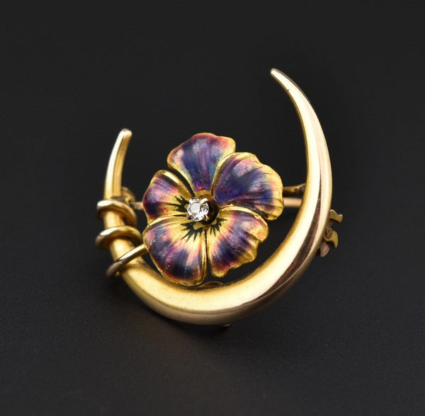 Art Nouveau 14K Gold Diamond Enamel Pansy Crescent Moon Brooch - Boylerpf