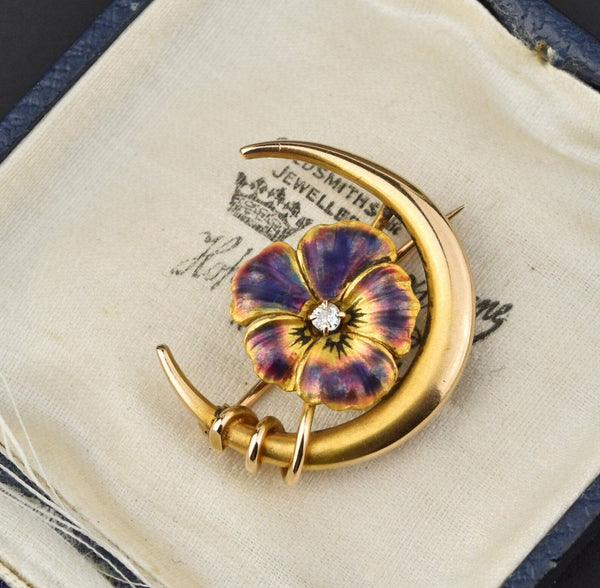 Art Nouveau 14K Gold Diamond Enamel Pansy Crescent Moon Brooch - Boylerpf