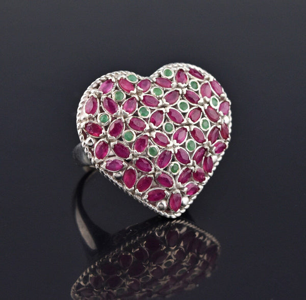 Impressive Silver Marquise Ruby Emerald Heart Ring - Boylerpf