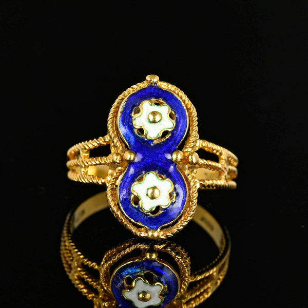 Fine 18K Gold Blue Guilloche Enamel Floral Ring