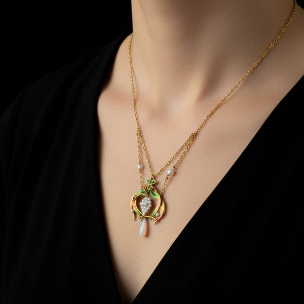 Antique Art Nouveau Gold Pearl & Enamel Necklace