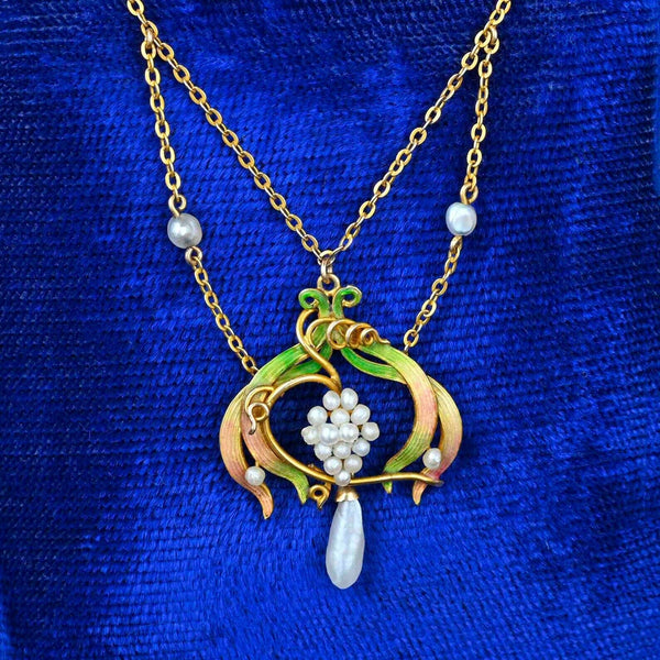 Antique Art Nouveau Gold Pearl & Enamel Necklace