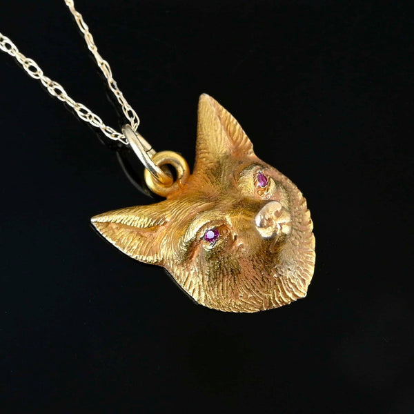 Antique 14K Gold Ruby Eye Fox Pendant Necklace - Boylerpf