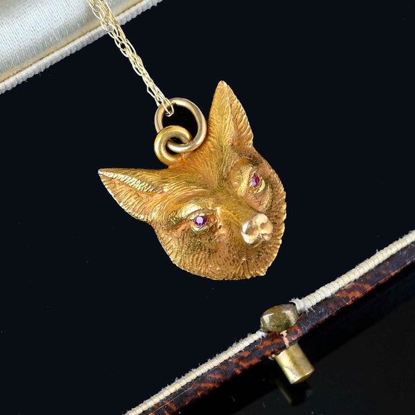 Antique 14K Gold Ruby Eye Fox Pendant Necklace - Boylerpf