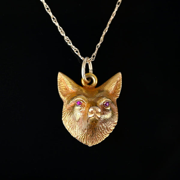 Antique 14K Gold Ruby Eye Fox Pendant Necklace