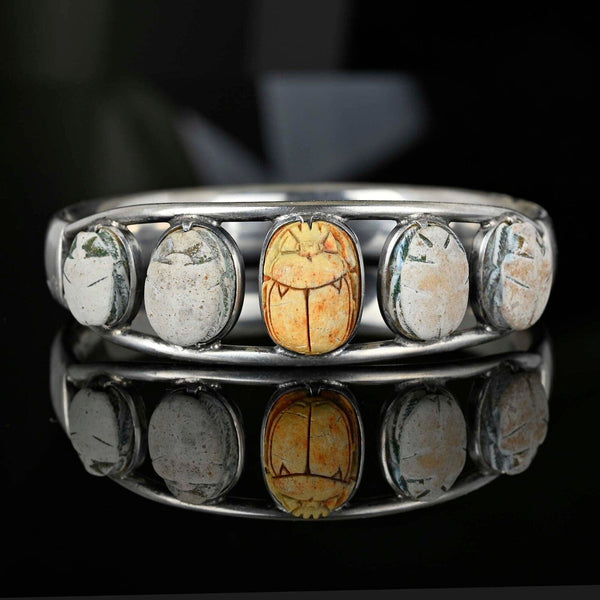 Antique 950 Silver Carved Scarab Bracelet Bangle - Boylerpf