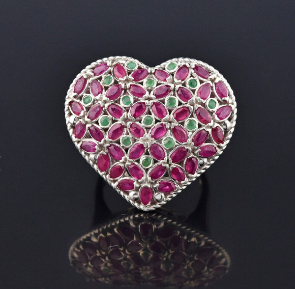 Impressive Silver Marquise Ruby Emerald Heart Ring - Boylerpf