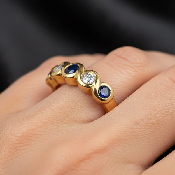 14K Gold Five Stone Sapphire Diamond Ring Band - Boylerpf