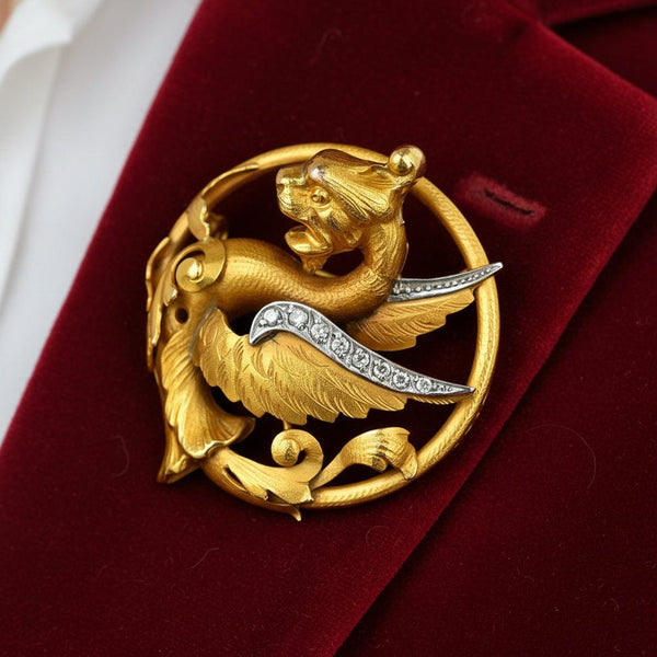 Antique 18K Gold Dragon Griffin Rose Cut Diamond Brooch - Boylerpf