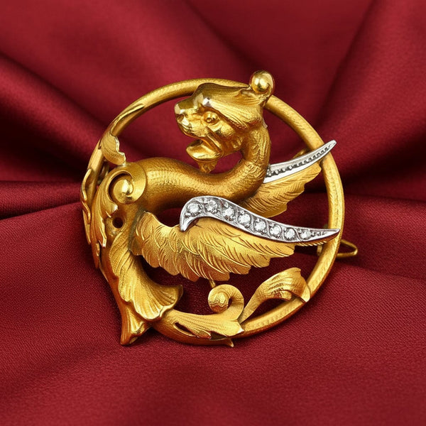 Antique 18K Gold Dragon Griffin Rose Cut Diamond Brooch - Boylerpf
