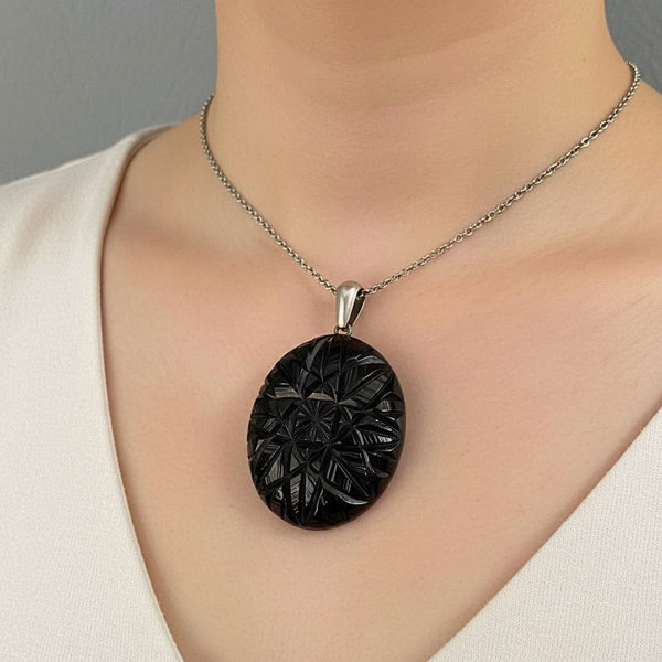 Antique Victorian Carved Starburst Whitby Jet Locket Pendant - Boylerpf