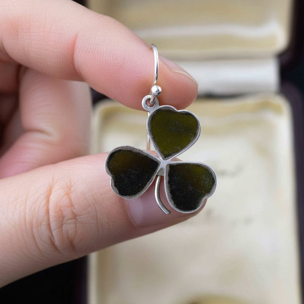 Antique Silver Three Leaf Shamrock Connemara Marble Earrings