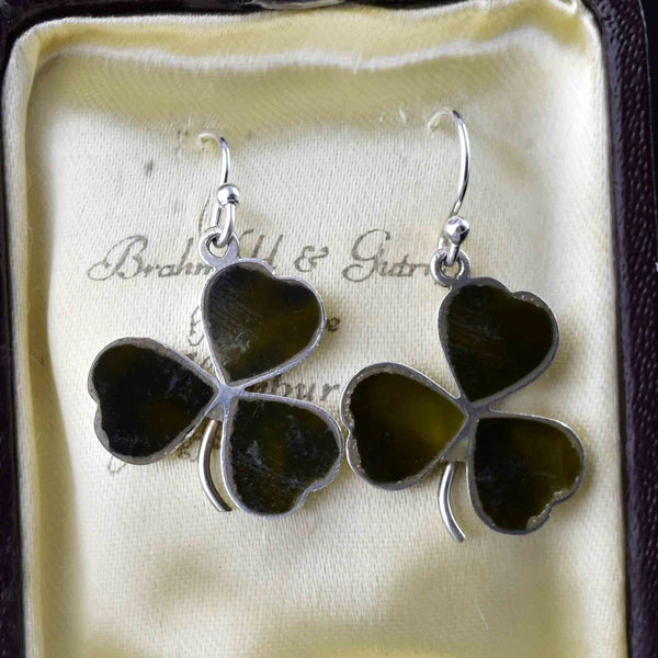 Antique Silver Three Leaf Shamrock Connemara Marble Earrings