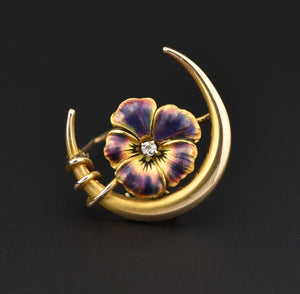 Art Nouveau 14K Gold Diamond Enamel Pansy Crescent Moon Brooch - Boylerpf