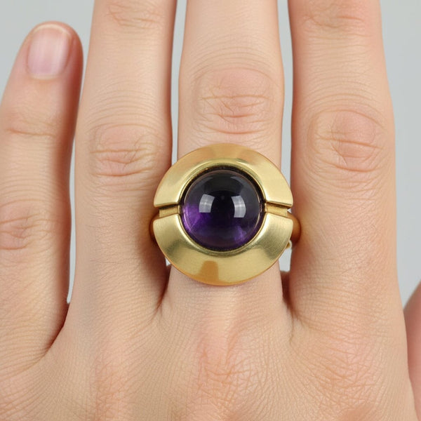 Heavy 14K Gold Target Style Cabochon Amethyst Ring