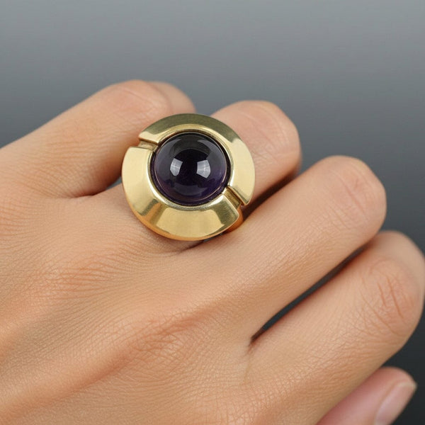Heavy 14K Gold Target Style Cabochon Amethyst Ring