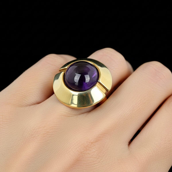 Heavy 14K Gold Target Style Cabochon Amethyst Ring