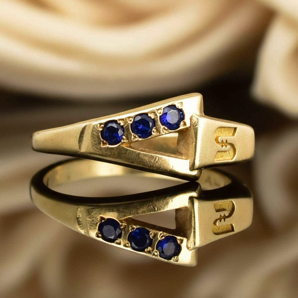 Vintage 14K Gold S Monogram Blue Sapphire Ring - Boylerpf