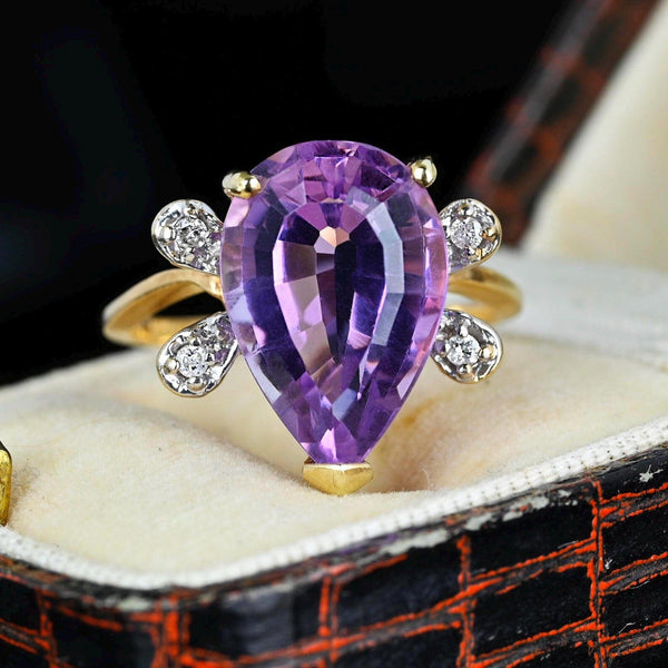 Vintage 14K Gold Diamond Pear Cut Amethyst Ring - Boylerpf