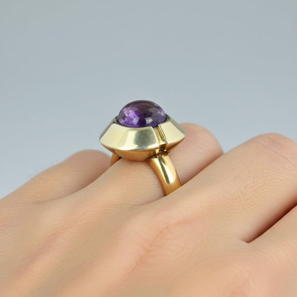 Heavy 14K Gold Target Style Cabochon Amethyst Ring