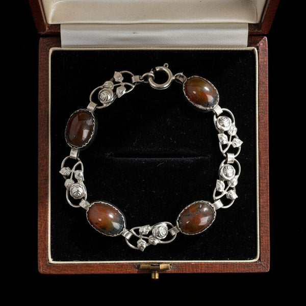 Antique Arts and Crafts Silver Scottish Moss Agate Bracelet - Boylerpf