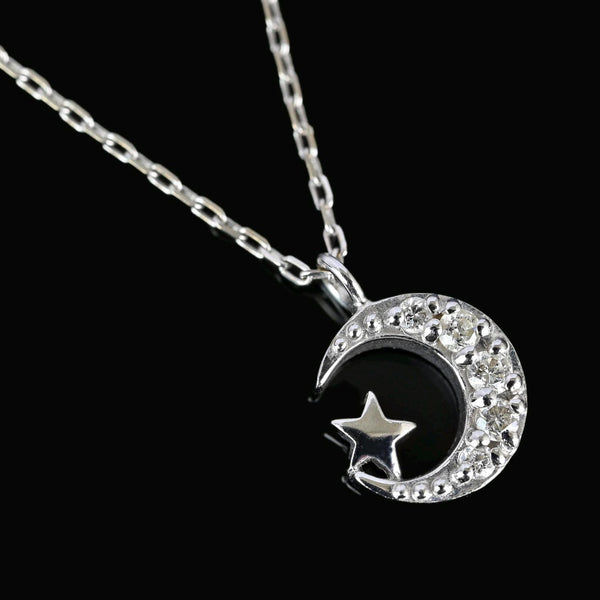 Vintage 10K White Gold Diamond Crescent Moon Star Pendant Necklace - Boylerpf