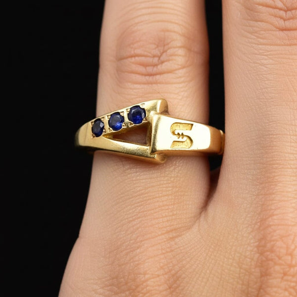 Vintage 14K Gold S Monogram Blue Sapphire Ring - Boylerpf