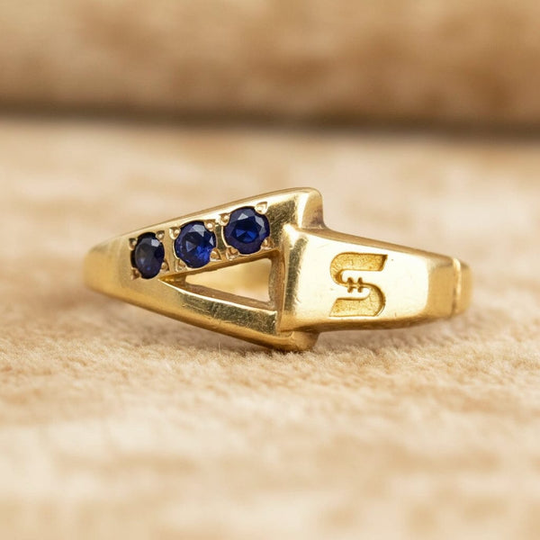 Vintage 14K Gold S Monogram Blue Sapphire Ring - Boylerpf