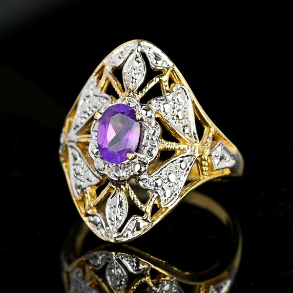 Vintage 10K White & Yellow Gold Floral Amethyst Ring - Boylerpf