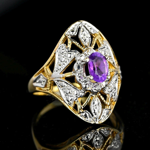 Vintage 10K White & Yellow Gold Floral Amethyst Ring - Boylerpf